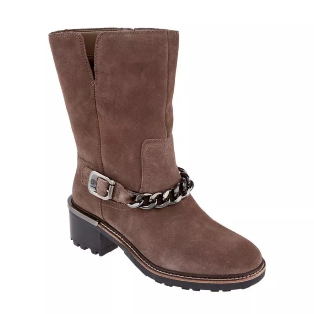 Vince Camuto Keshilla Boots Women's 7.5 Mid Calf Brown Suede Chain Trim Lug Sole